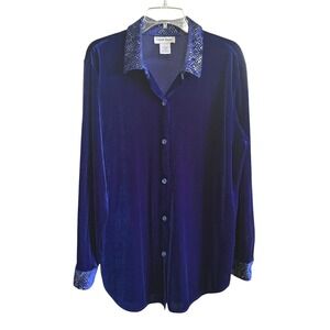 Graver Studio Womens Royal Blue Velvet Metallic Snake Print Blouse Large A76140